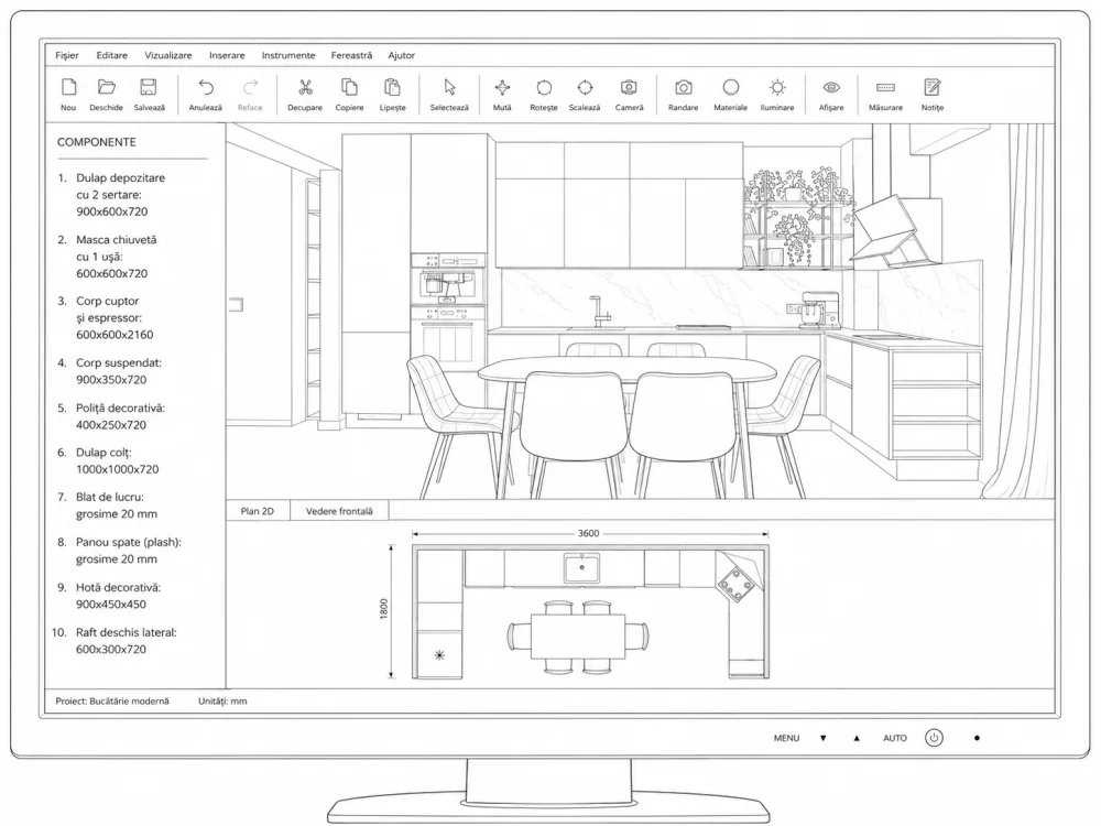 Monitor cu software 3D pentru proiectare de bucătării — listă componente și plan 2D